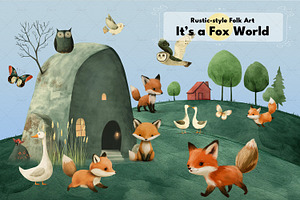 Whimsical Foxes Rustic Folk Art