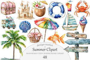Watercolor Summer Clipart, an Illustration by Design Market