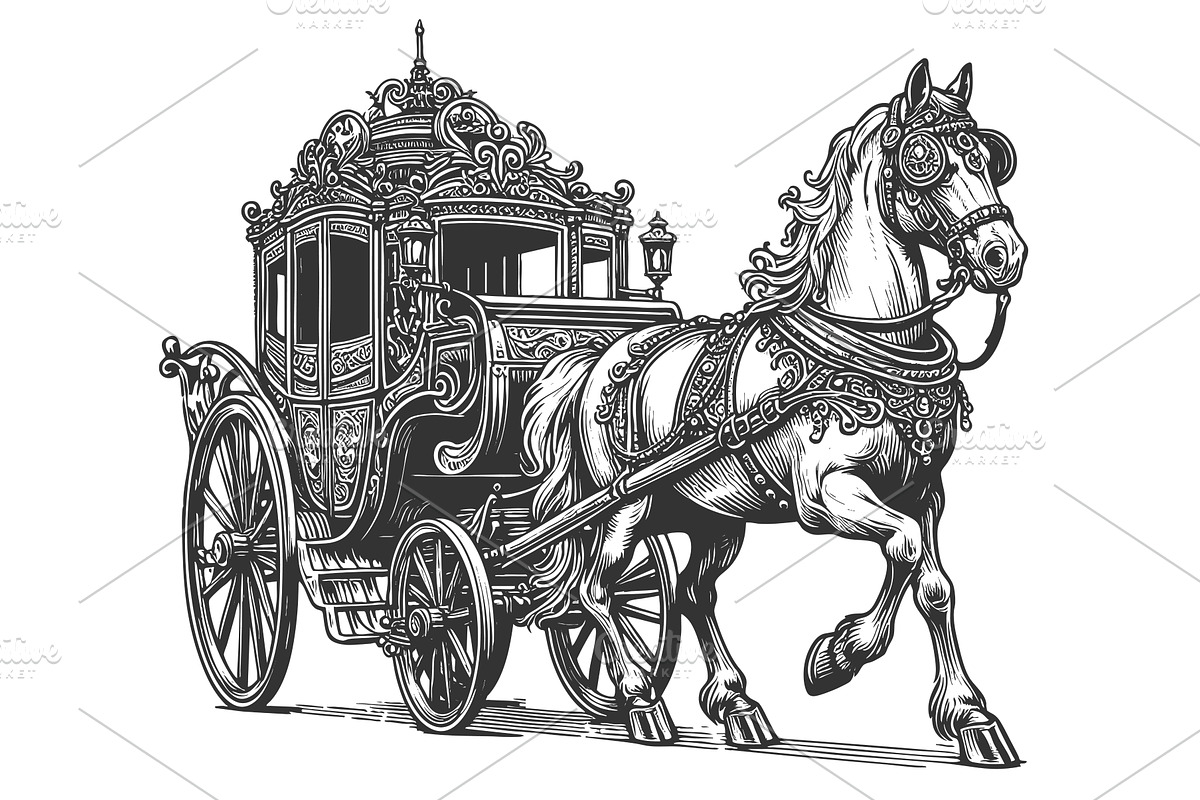 horse-drawn carriage engraving, a Transportation Illustration by AlexArt