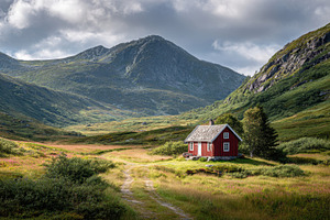 Red house in green valley, a Photo by Beautiful things