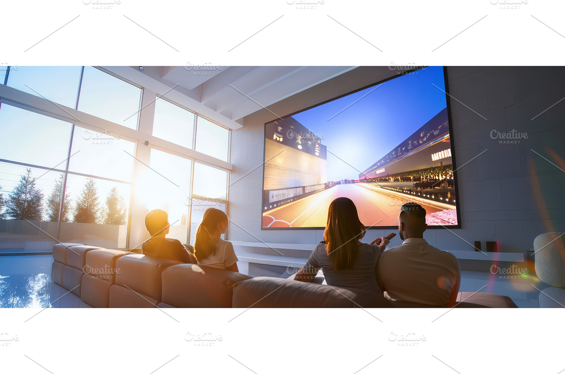 Family watching sunset movie on, a Technology Photo by piter.goskov