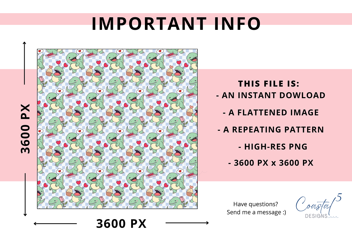 Valentine's Dino Seamless Pattern, a Pattern Graphic by Coastal 5 Designs (Photo 3 of 3)