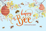 Watercolor happy bee clipart set, an Illustration by Art & Things (Thumbnail 1 of 6)