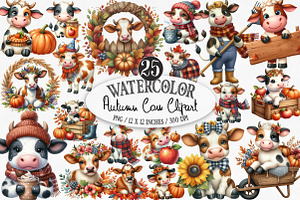 Watercolor Autumn Cow Clipart, an Illustration by Designking