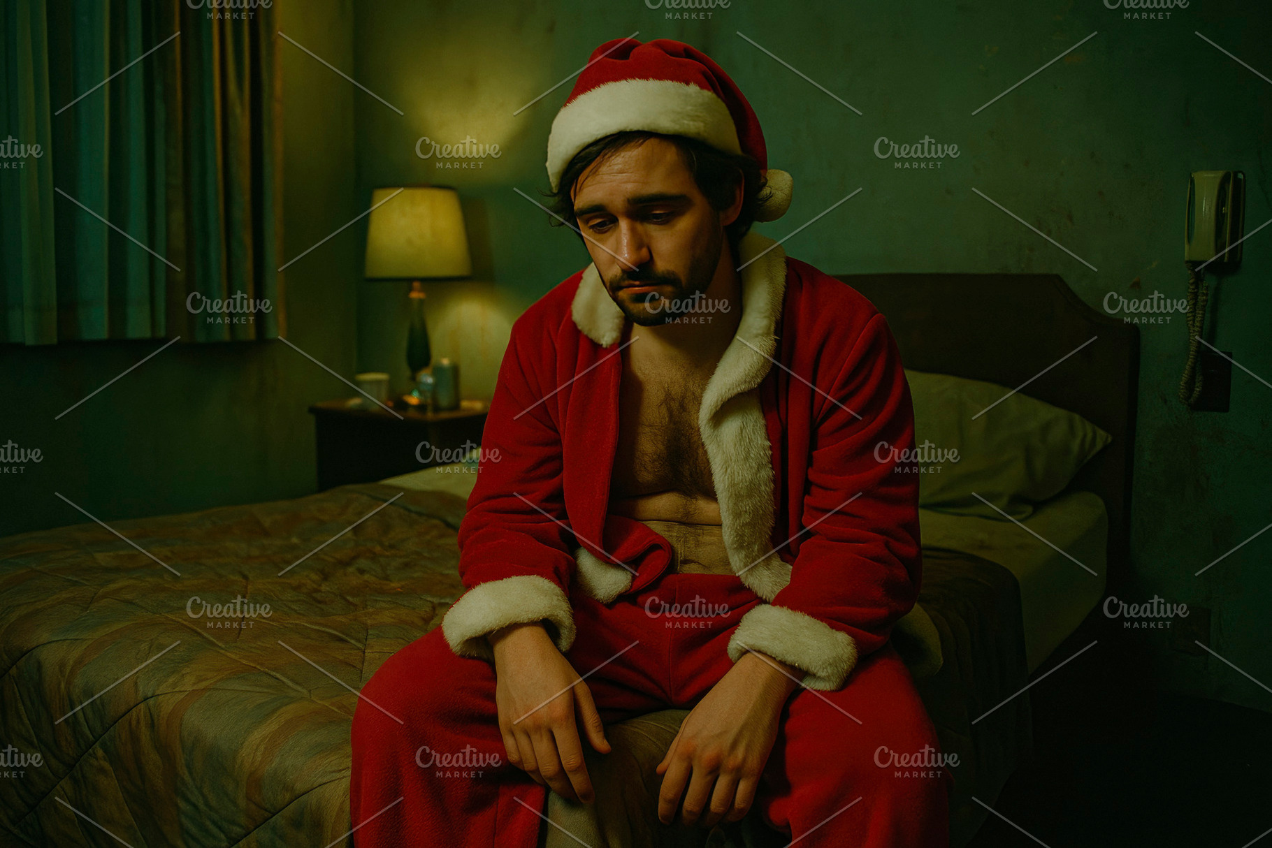 sad man in santa costume on bed, generative AI, a Photo by Nito