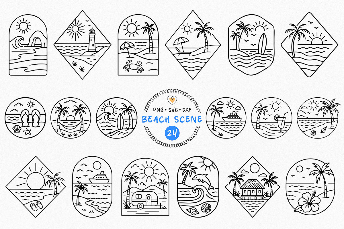 Beach Scene Bundle, Summer Line Art, a Seasonal Illustration by Pretty Meerkat (Photo 1 of 7)