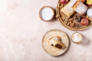Apple strudel served with fresh appl stock photo containing strudel and spicy