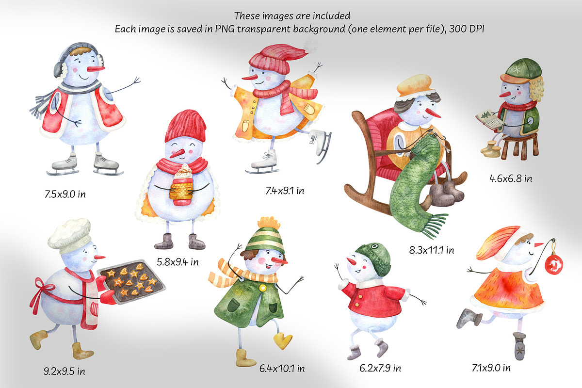 Snowmen Village Watercolor Clipart, an Illustration by Anna Druzhkova (Photo 2 of 20)