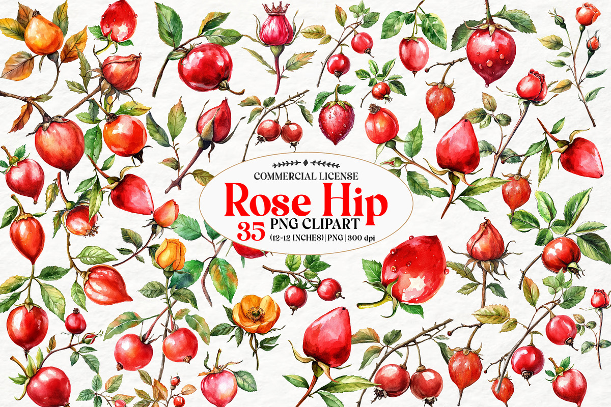 Watercolor Rose Hip Clipart, an Illustration by Watercolor design (Photo 1 of 4)