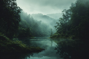 Misty lake serene forest nature refl, an Arts & Entertainment Photo by Pixeness Studio