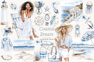 Coastal Girls Clipart | Beach Ocean, a Person Illustration by GlamArtZhanna
