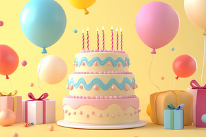 Illustration of tiered birthday cake with party balloons and candles, a Food & Drink Photo by AlyaAnd