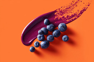 Fresh blueberries with berry sauce on orange background, a Food & Drink Photo by AlyaAnd