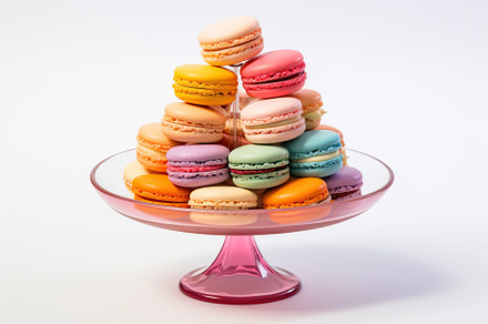 Colorful macarons dessert on cake stand on white background, a Food & Drink Photo by AlyaAnd