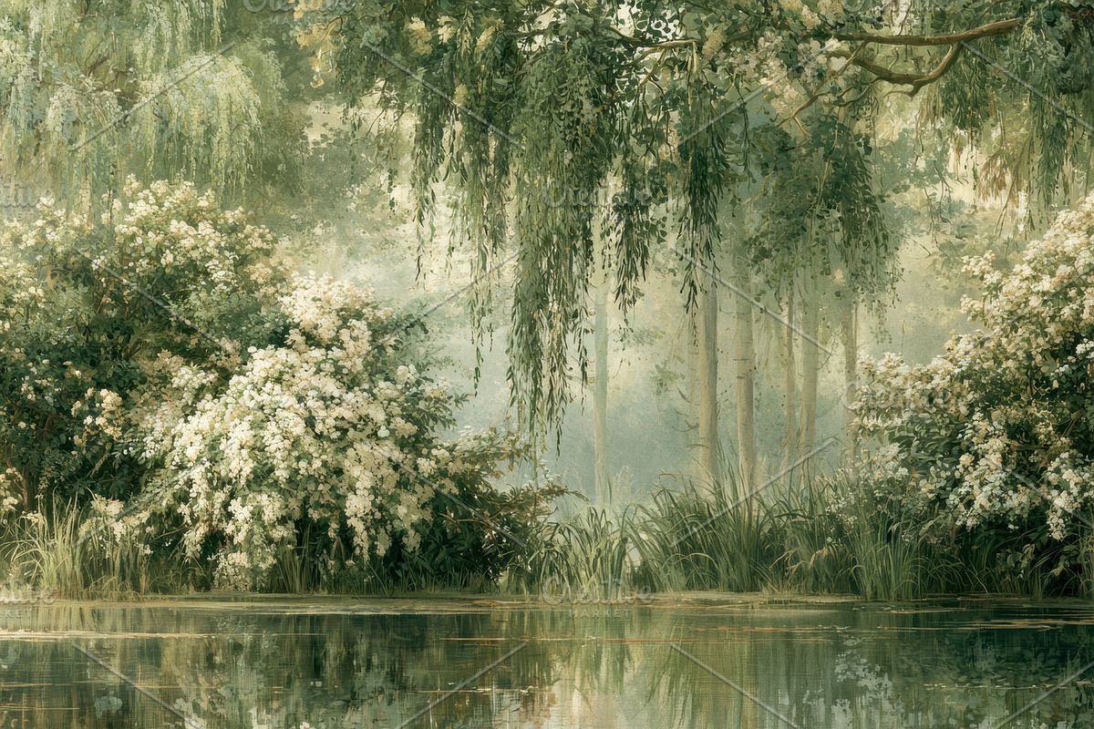 Serene Vintage Forest Lake Wallpaper, a Decorative Illustration by Virgo Studio