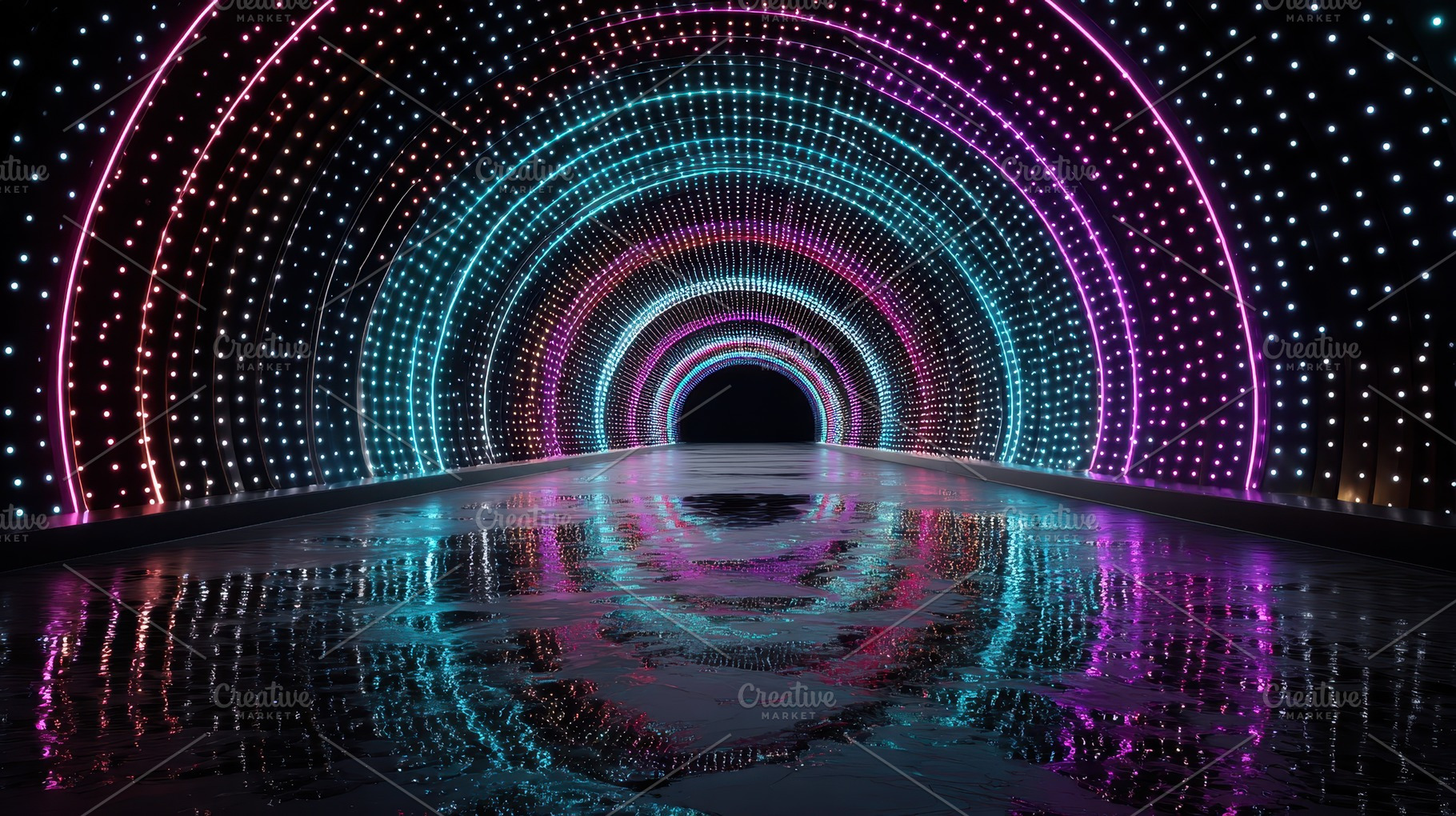 Neon Tunnel Lights Reflecting on Wet, an Abstract Photo by Pixeness Studio