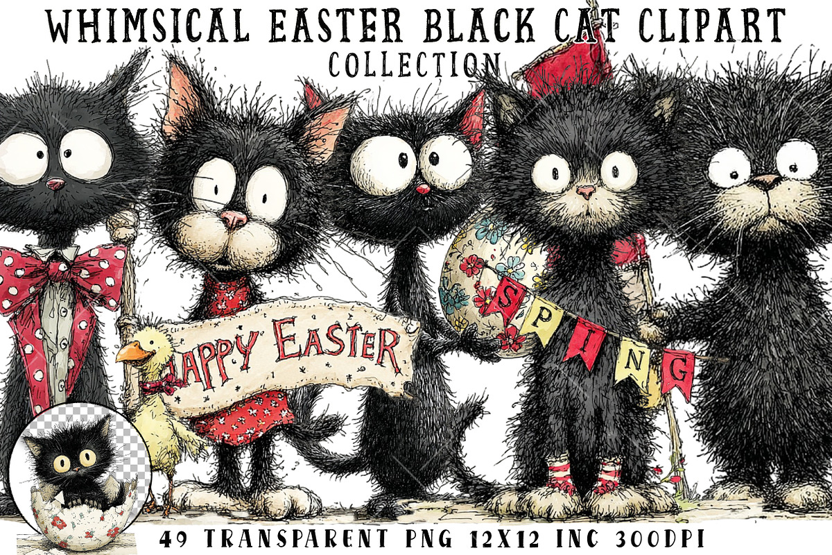 Whimsical Easter Black Cat Clipart, an Illustration by OK Design (Photo 1 of 6)
