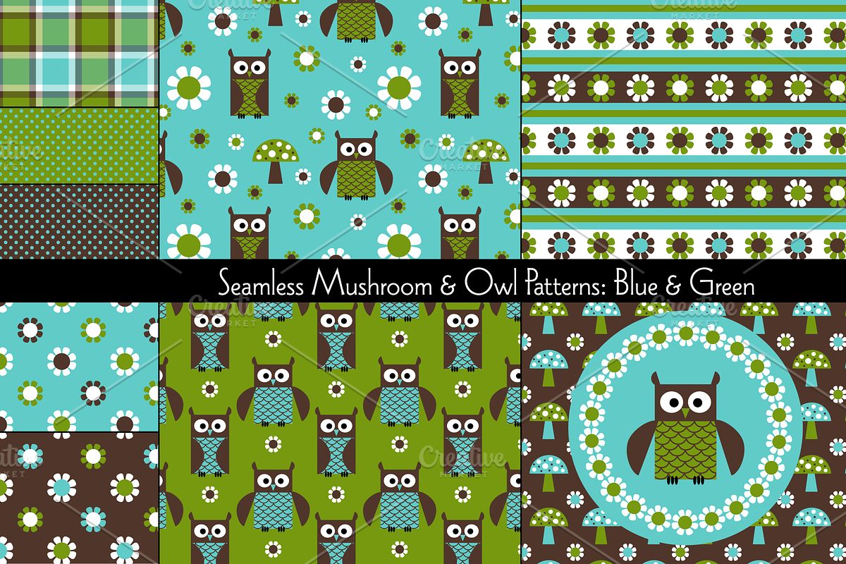 Mushroom & Owl Patterns Blue/Green
