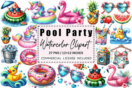 Cute Pool Party Watercolor Clipart., a Graphic by CitraGraphics