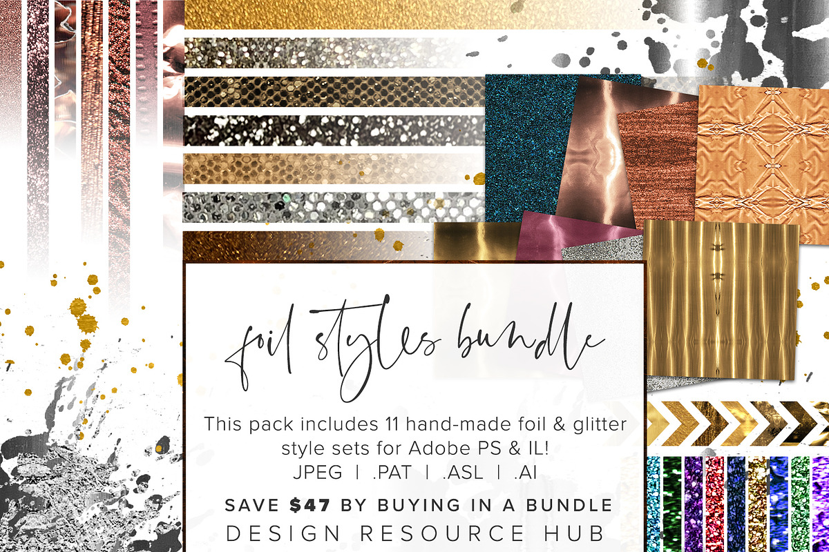 Photoshop Metallic Layer Styles, a Layer Style Add-On by Design Resource Hub (Photo 1 of 10)