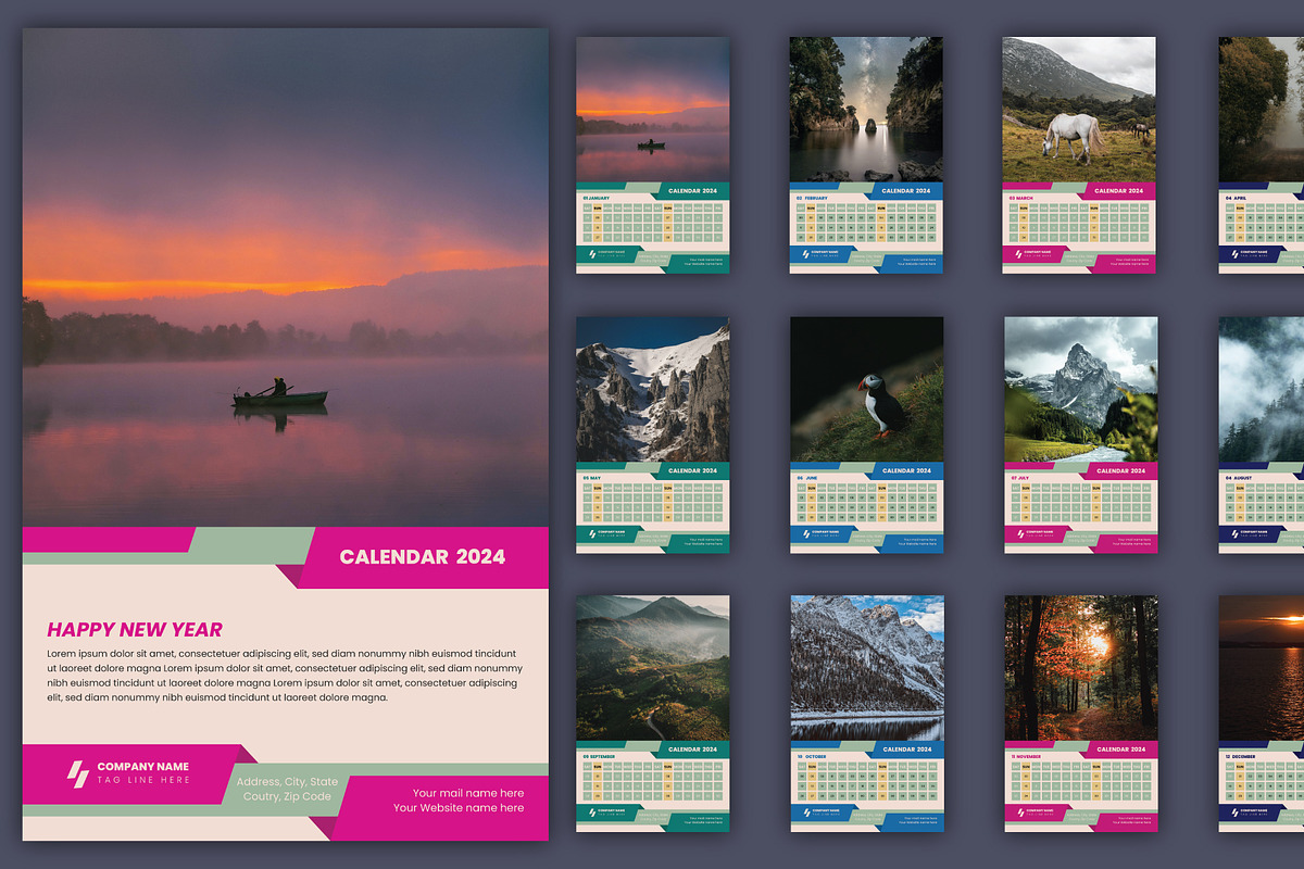 12 Pages Modern Wall Calendar 2024, a Stationery Template by Annudesign (Photo 9 of 9)