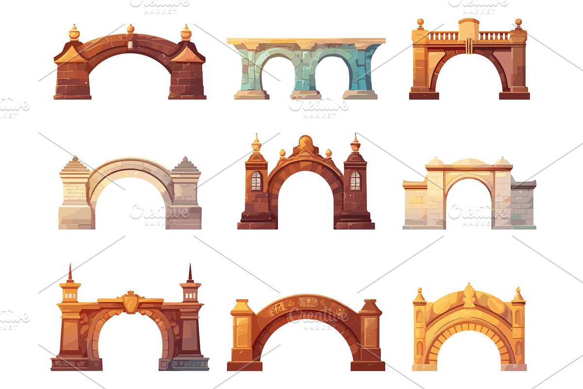 set of vintage colorful bridges in, an Object Illustration by LadadikArt