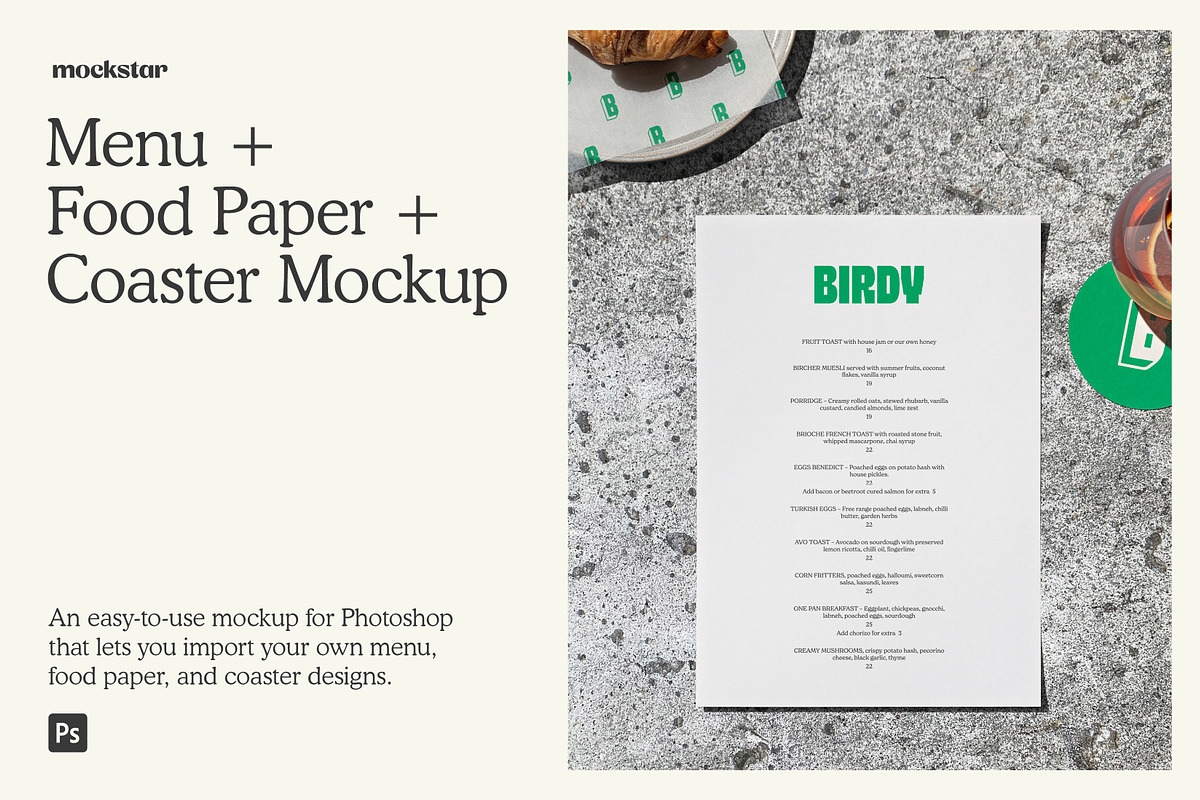 Menu, Food Paper & Coaster Mockup, a Packaging Mockup by mockstar (Photo 1 of 6)