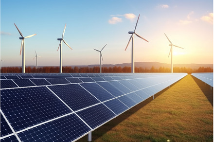 Solar panels landscape. Generate Ai, an Industrial Photo by Ylivdesign
