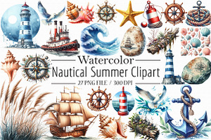 Watercolor Nautical Summer Clipart, a Graphic by Libby Wishes