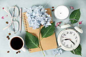 Morning Routine Flat Lay with Notebook, Coffee, and Hydrangea, a Beauty & Fashion Photo by Natalia Klenova's Shop