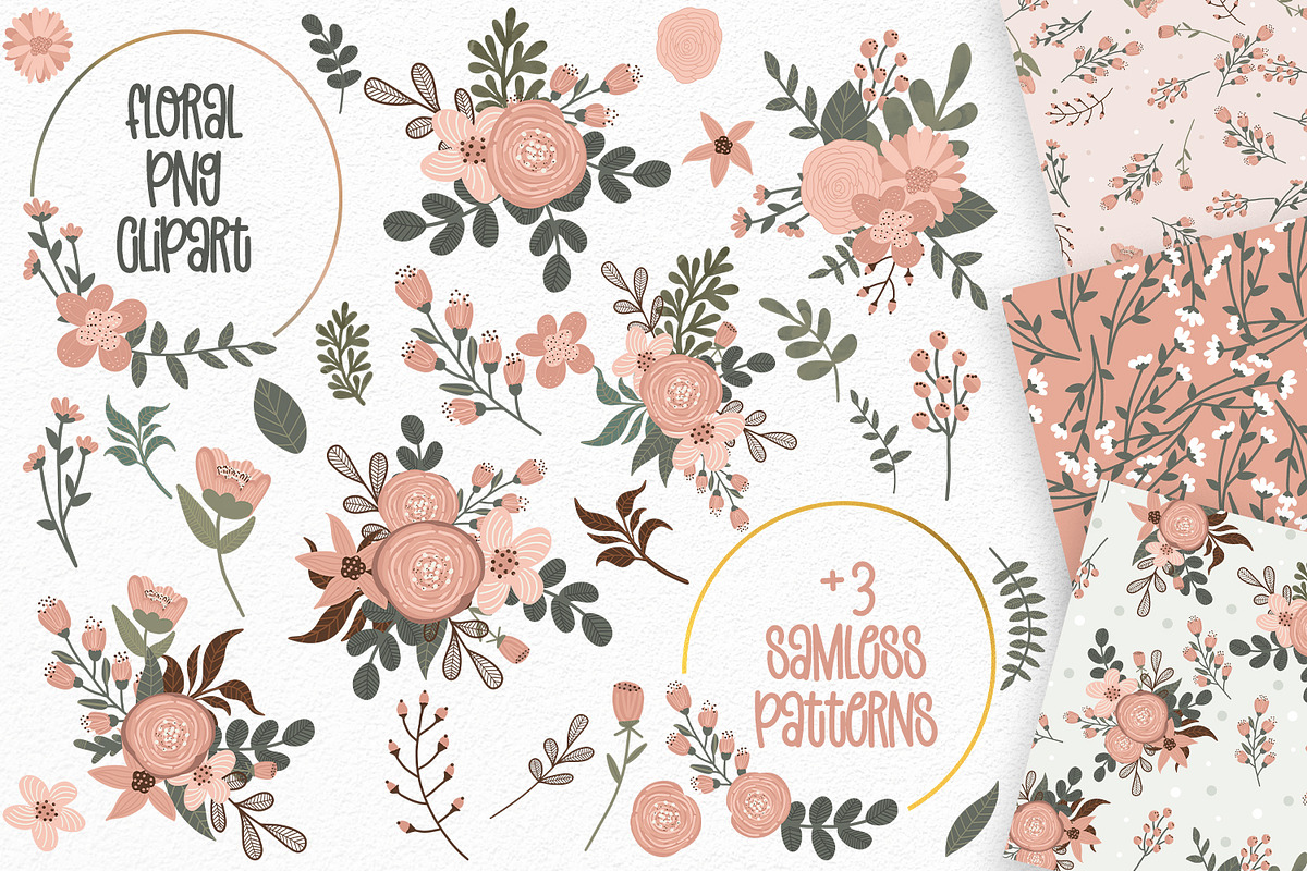 Pink Floral Clipart & Seamless Paper, an Illustration by illuztrate (Photo 1 of 6)