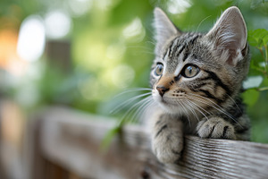 Cute tabby kitten sitting on fence, an Animal Photo by MistyDay