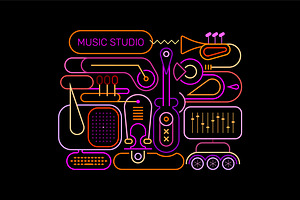 Music Studio Neon Colors Line Art