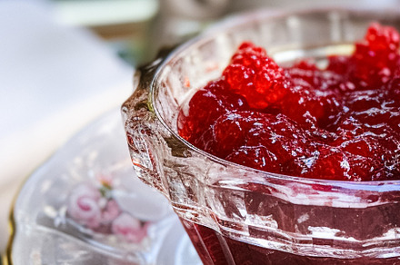 Raspberry jam and raspberries in a crystal bowl, country food an, a Food & Drink Photo by Anneleven