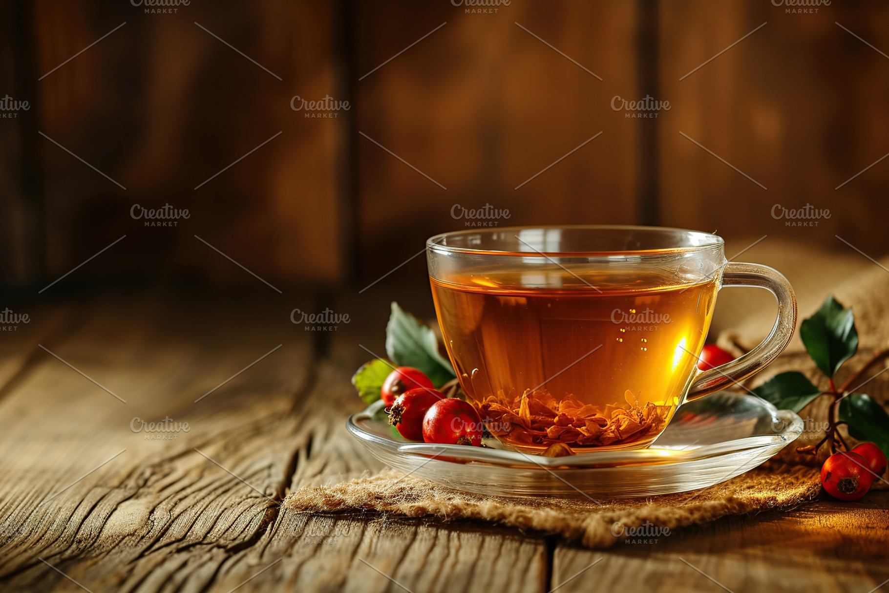 Glass with rose hip tea on wooden background, a Food & Drink Photo by AlyaAnd