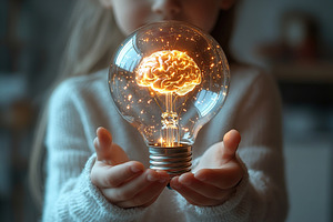 Digital brain inside a lightbulb in child hands, artificial intelligence techno, a Business Photo by AlyaAnd