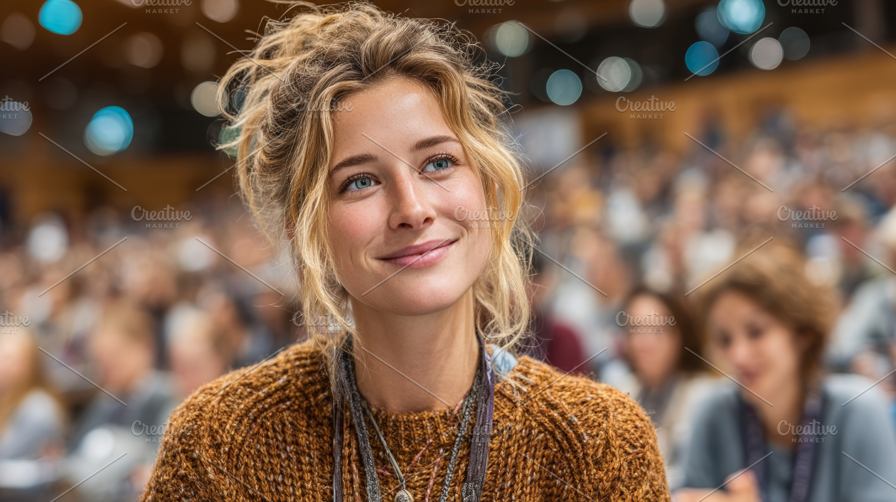 Young woman smiling in focus with blurred crowd in an indoor event, a Business Photo by AS photostudio