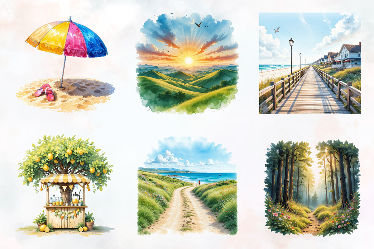 Summer Scenery Watercolor Cliparts, an Illustration by RobertsArt (Photo 7 of 8)