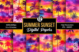 Tropical Summer Sunset Digital Paper, a Pattern Graphic by Creative Store