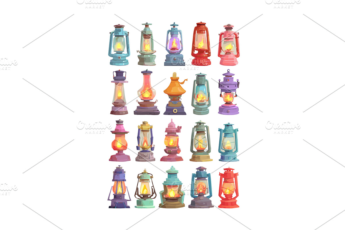 Oil lamps cartoon vector set, a Texture Illustration by Onyx
