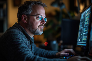 A focused IT Evangelist man with glasses working on a computer in a dimly lit r, a Person Photo by Textures & Backgrounds