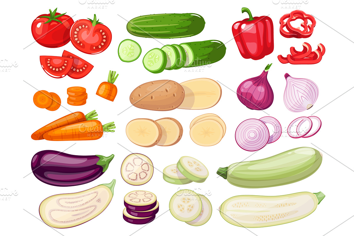 Sliced vegetables. Whole and cut, a Food Illustration by YummyBuum