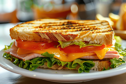 Toast sandwich with cheese, turkey ham, tomato and fresh lettuce on wooden tabl, a Food & Drink Photo by AlyaAnd