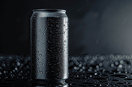 Blank aluminum can with water drops on black background, a Food & Drink Photo by AlyaAnd