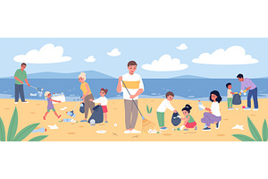Parents with children collect beach, an Illustration by YummyBuum