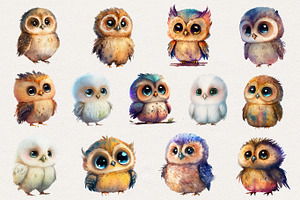 Cute Owls Watercolor Clipart. AI