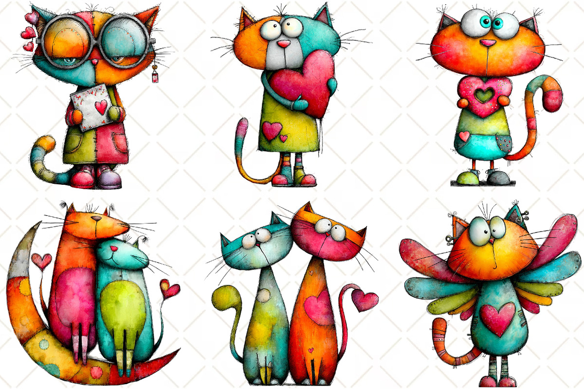 Quirky Valentine Cats Clipart, an Animal Illustration by Black Bird Studio (Photo 4 of 6)