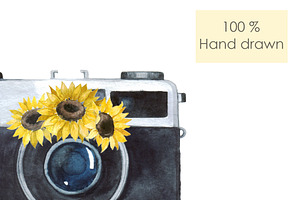 Watercolor Retro Camera Sunflowers