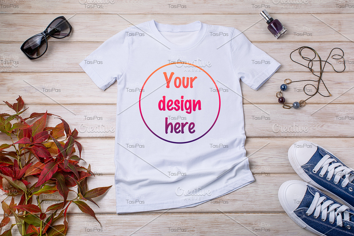 T-shirt mockup with blue sneakers., a Print Template by TasiPas (Photo 2 of 4)