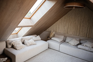 Cozy attic space with modern furniture and natural daylight through skylights, a Photo by AS photostudio